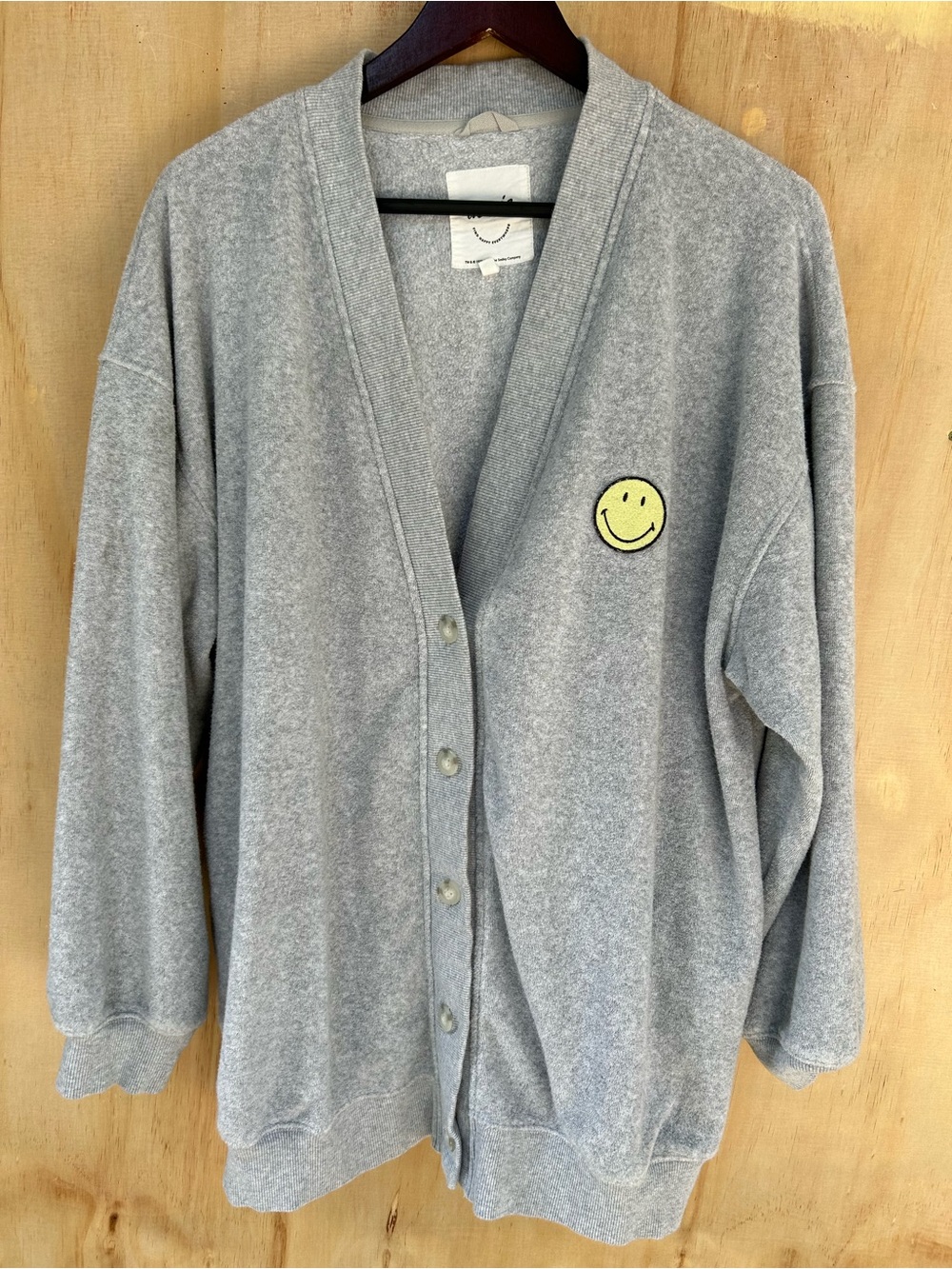 aerie Gray Button-Up Cardigan with Yellow Smiley Patch
